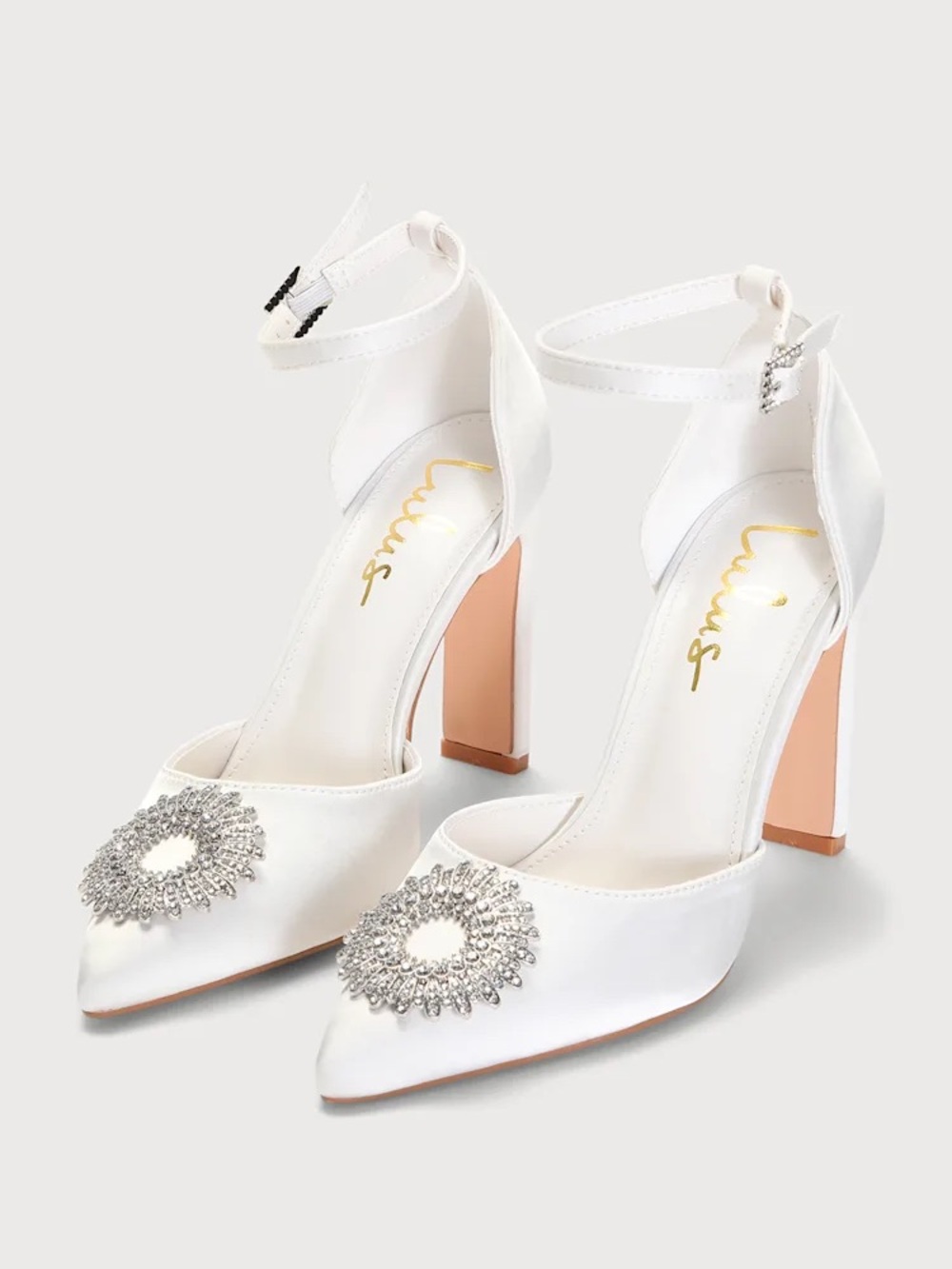 Lulus Bradleyy White Satin Pointed-Toe Ankle Strap Pumps